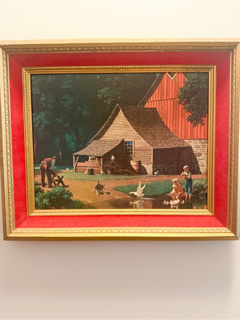 Vintage Paul Detlefsen Wood Velvet Framed Print Americana Farm Mid Century Art
